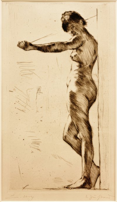 Desnudo femenino de pie apoyado en la pared de Lesser Ury
